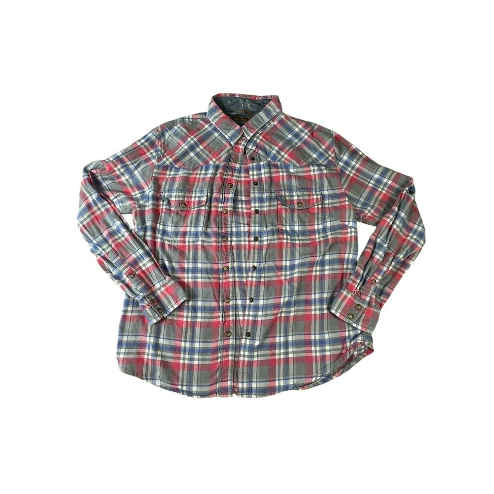 JACHS Girlfriend Women’s Large Flannel Shirt Pink Gray Blue Plaid Snaps